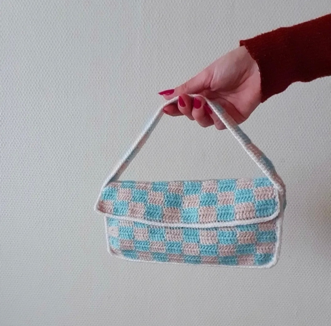 Sac à Carreaux en Crochet bleu/rose